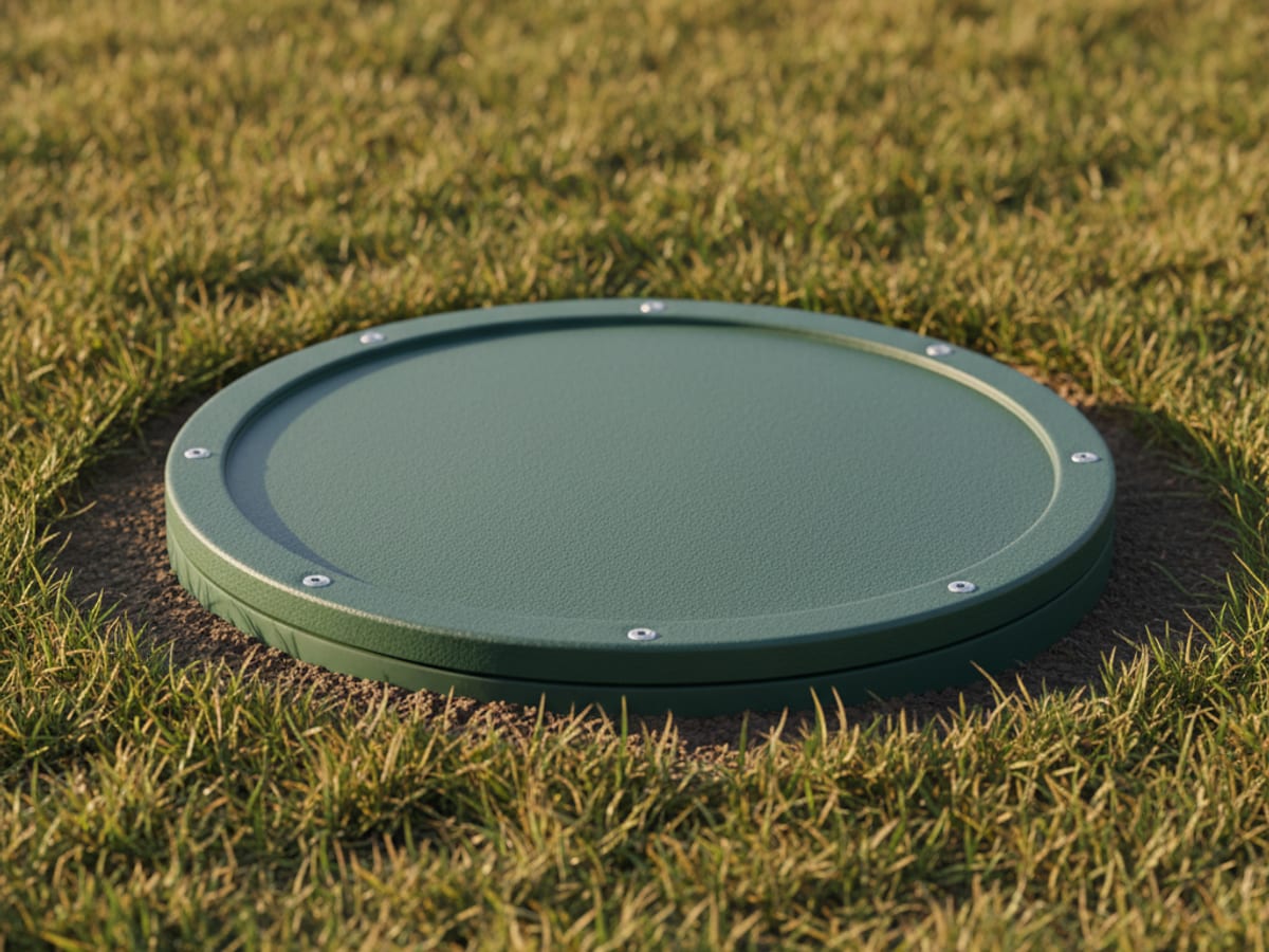 newly installed green polyethylene septic riser with bolt-down lid set flush in a residential yard