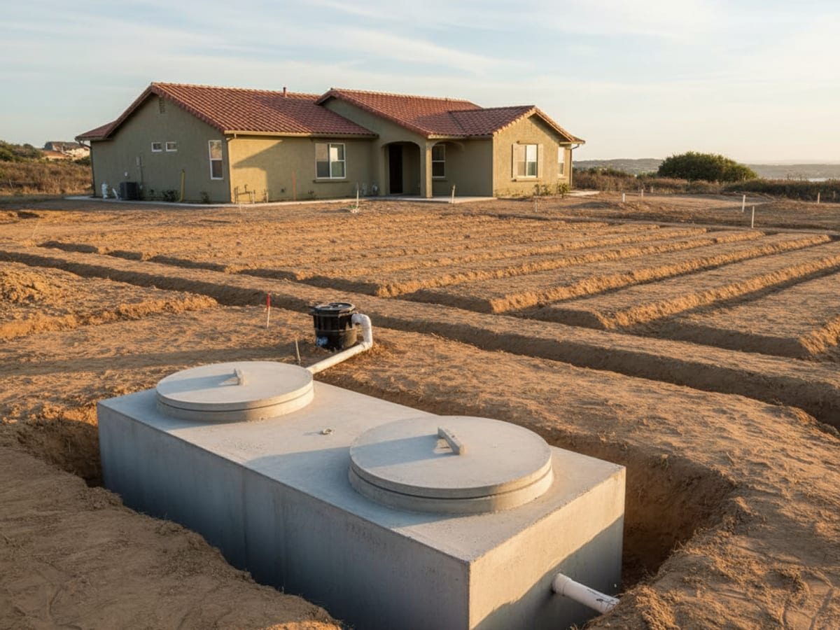 newly installed septic system showing tank, distribution box, and freshly graded drain field