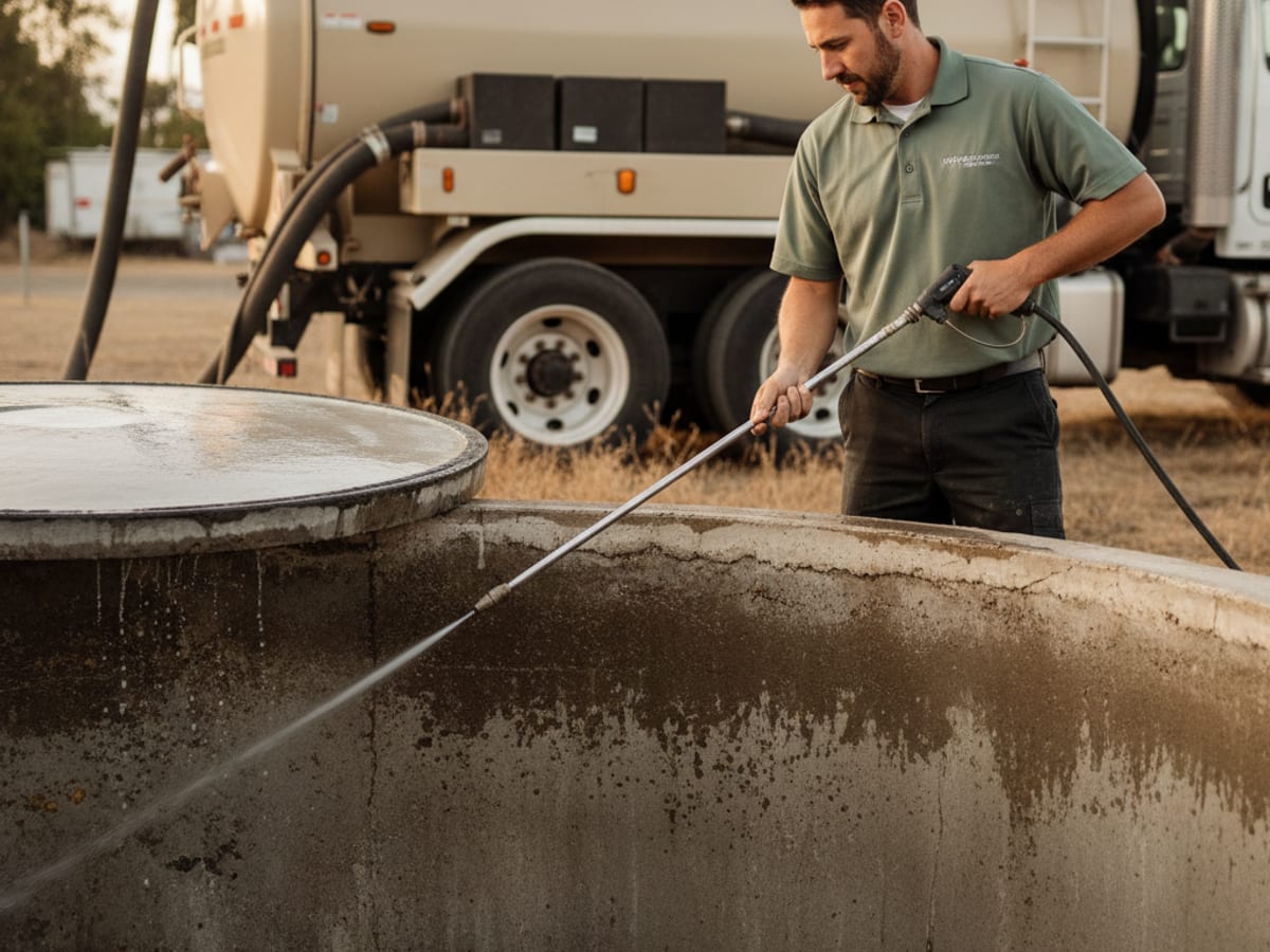 septic technician using high-pressure wash to clean the interior walls of an emptied concrete septic tank