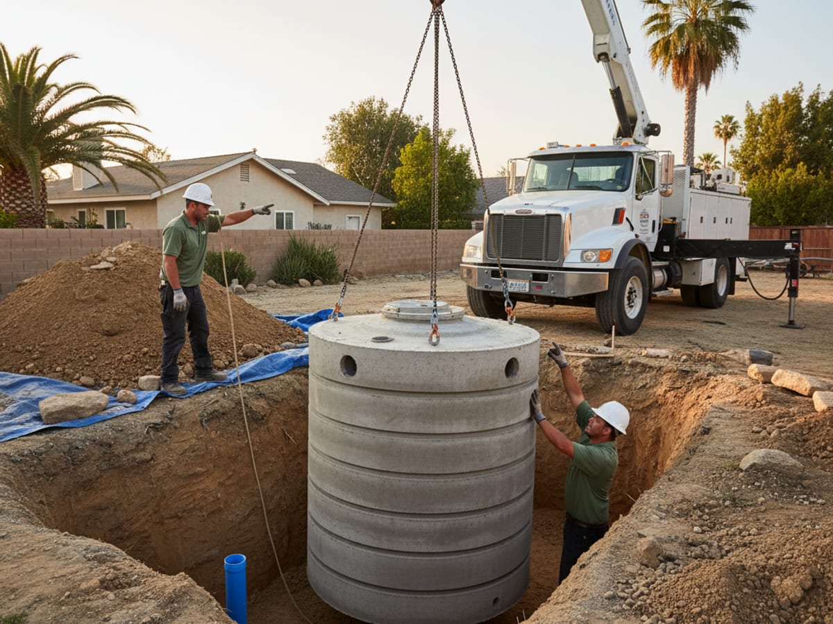 new concrete septic tank being lowered into excavation by boom truck at a San Diego County home