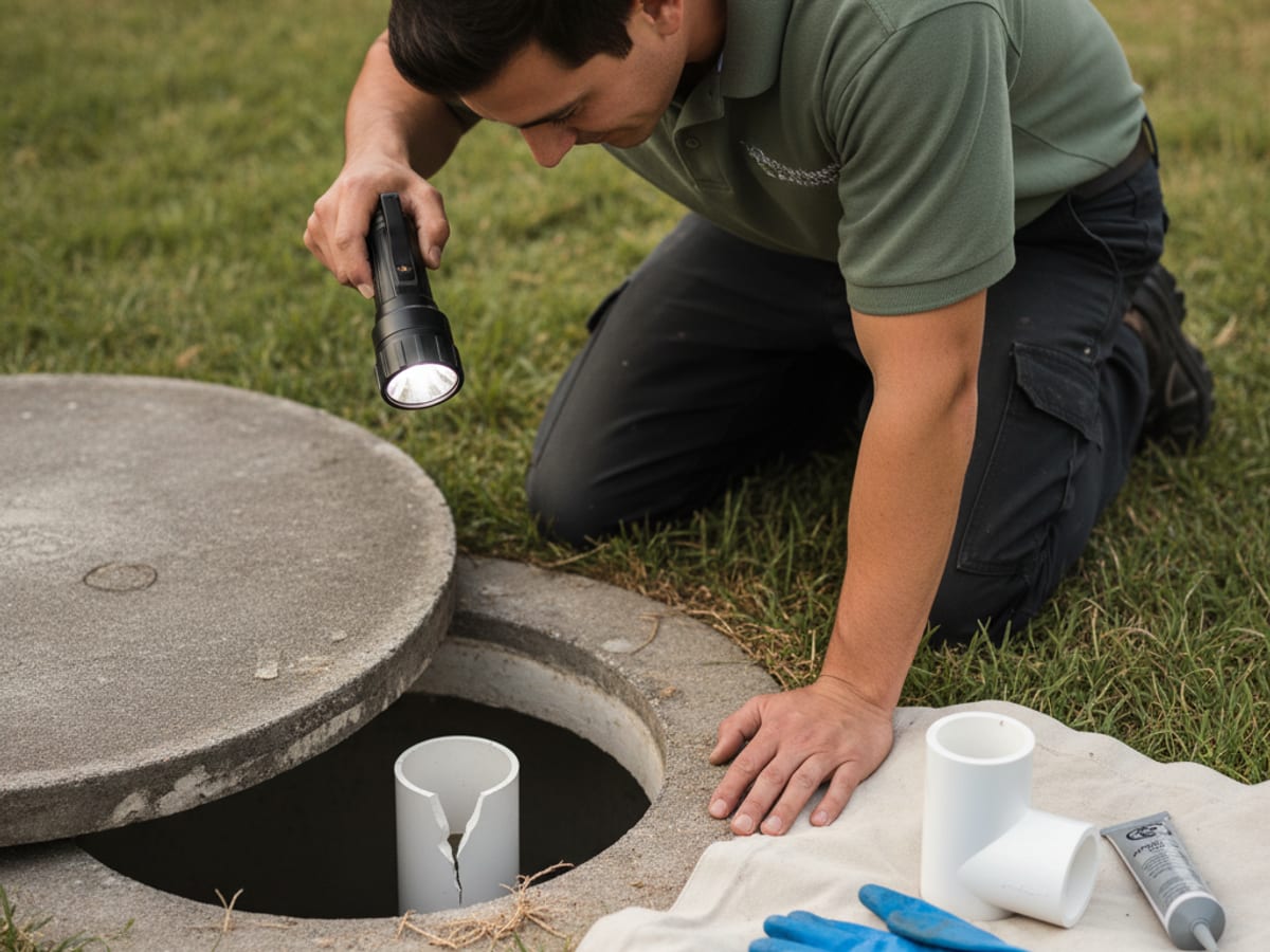 septic technician inspecting a damaged tank baffle inside an open concrete septic tank